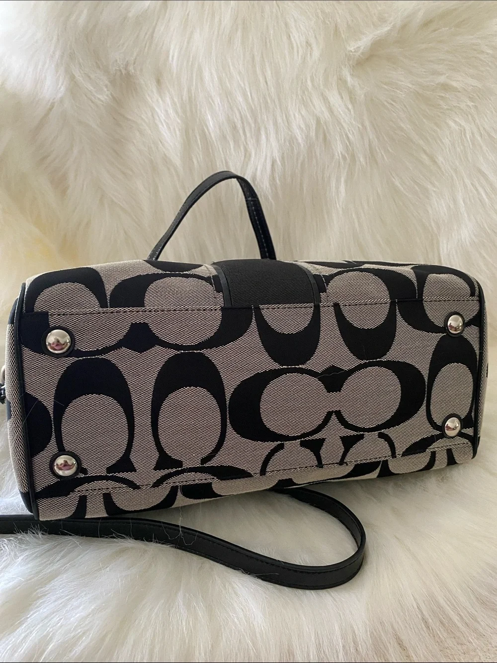 COACH Signature Jacquard Stripe Satchel in Black/ Gray with Strap F24364 EUC